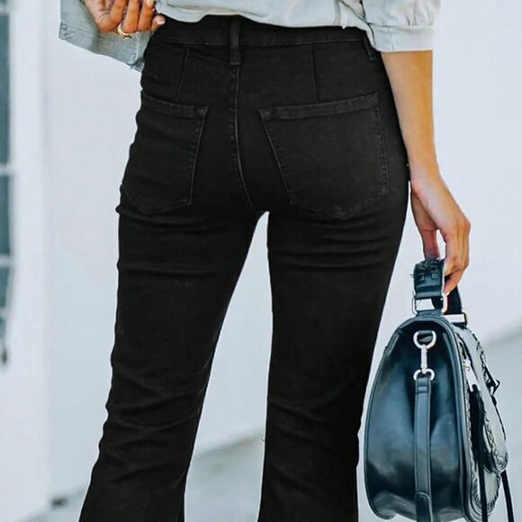 Black Preppy Womens Ripped Raw Hem Flare Leg Jeans - Picture 4 of 5